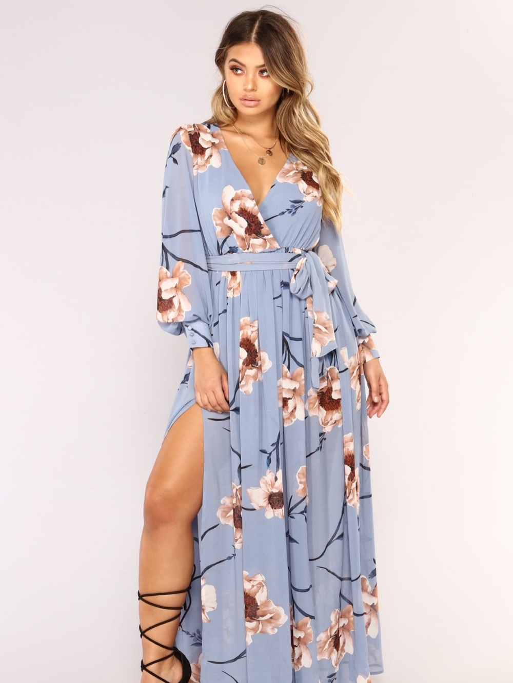 Blue Floral Wrap Maxi Dress with Belt